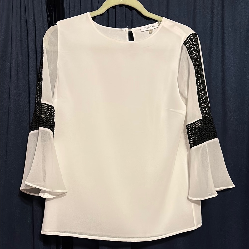 Calvin Klein White Blouse with Black Lace Sleeves